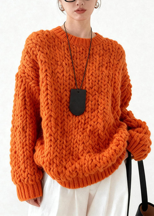 Suéter de punto trenzado naranja de gran tamaño y elegante para invierno