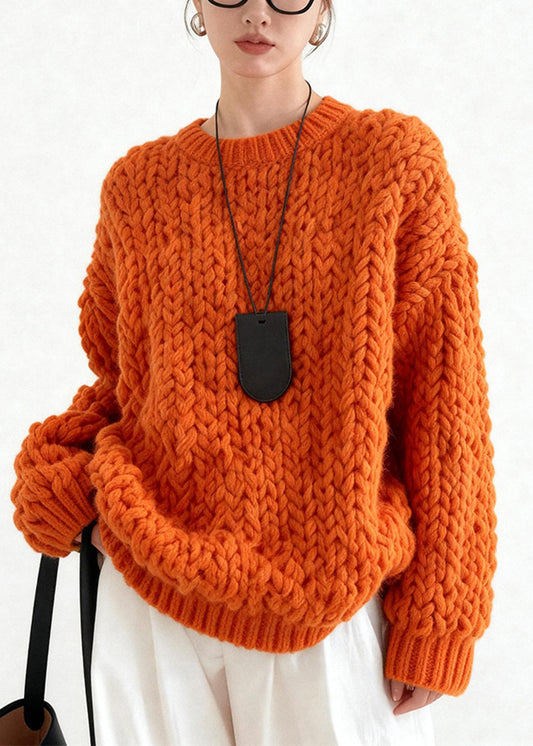 Suéter de punto trenzado naranja de gran tamaño y elegante para invierno