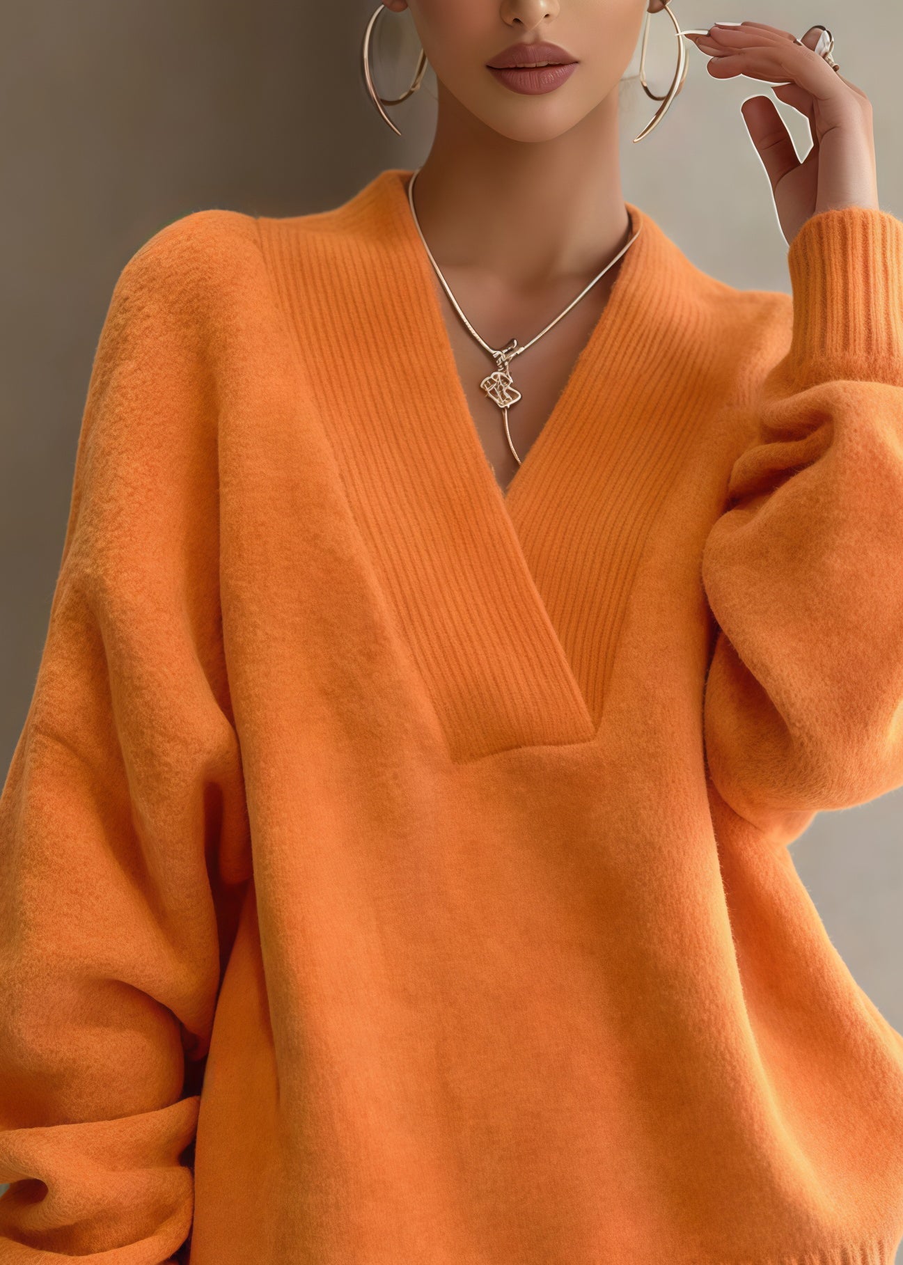 Chic Orange Oversized Warm Knit Sweaters And Shorts Two Piece Set Winter