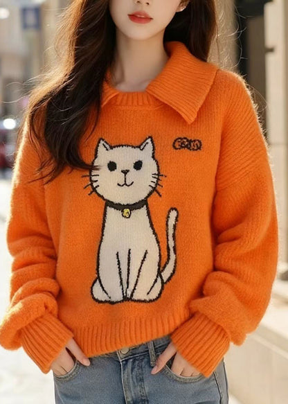Suéter de punto con cuello Peter Pan y gatos de color naranja chic para primavera
