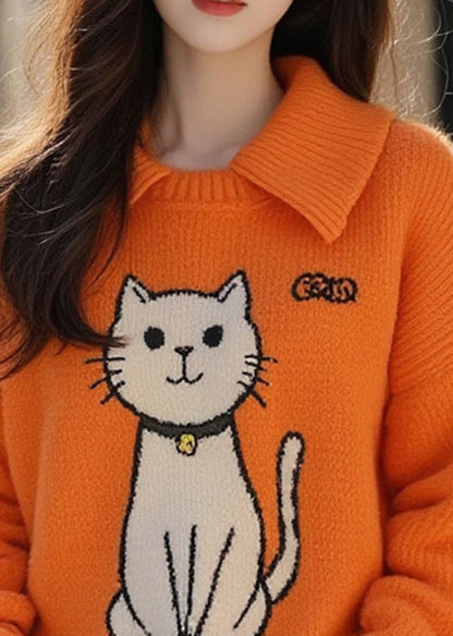 Suéter de punto con cuello Peter Pan y gatos de color naranja chic para primavera