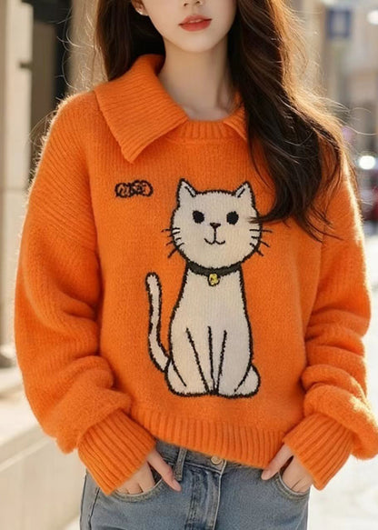Suéter de punto con cuello Peter Pan y gatos de color naranja chic para primavera