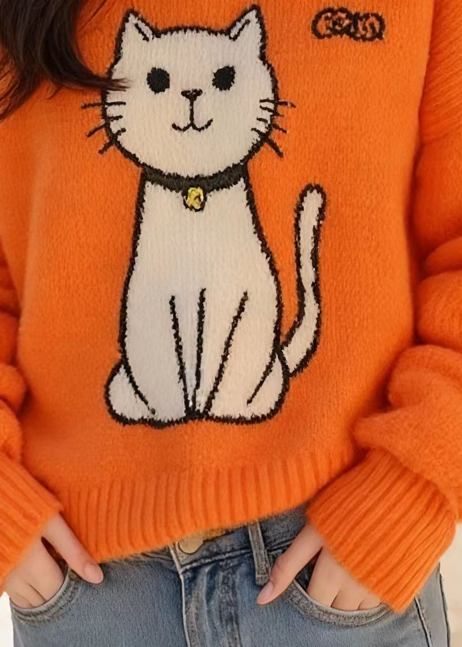 Suéter de punto con cuello Peter Pan y gatos de color naranja chic para primavera