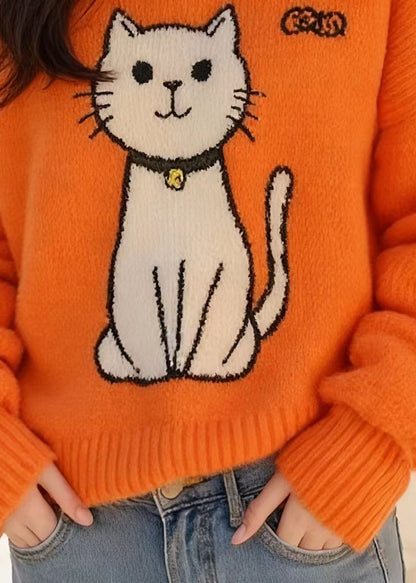 Suéter de punto con cuello Peter Pan y gatos de color naranja chic para primavera