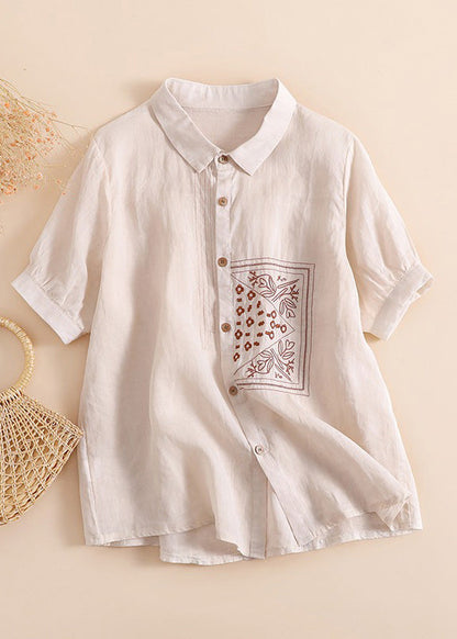 Chic Orange Peter Pan Kragen Druck Taste Solide Leinen Hemden Kurzarm