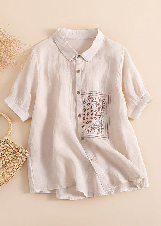 Chic Orange Peter Pan Kragen Druck Taste Solide Leinen Hemden Kurzarm