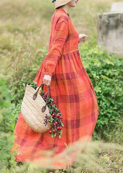 Chic Orange Plaid Clothes O Neck Drawstring Spring Dress - SooLinen