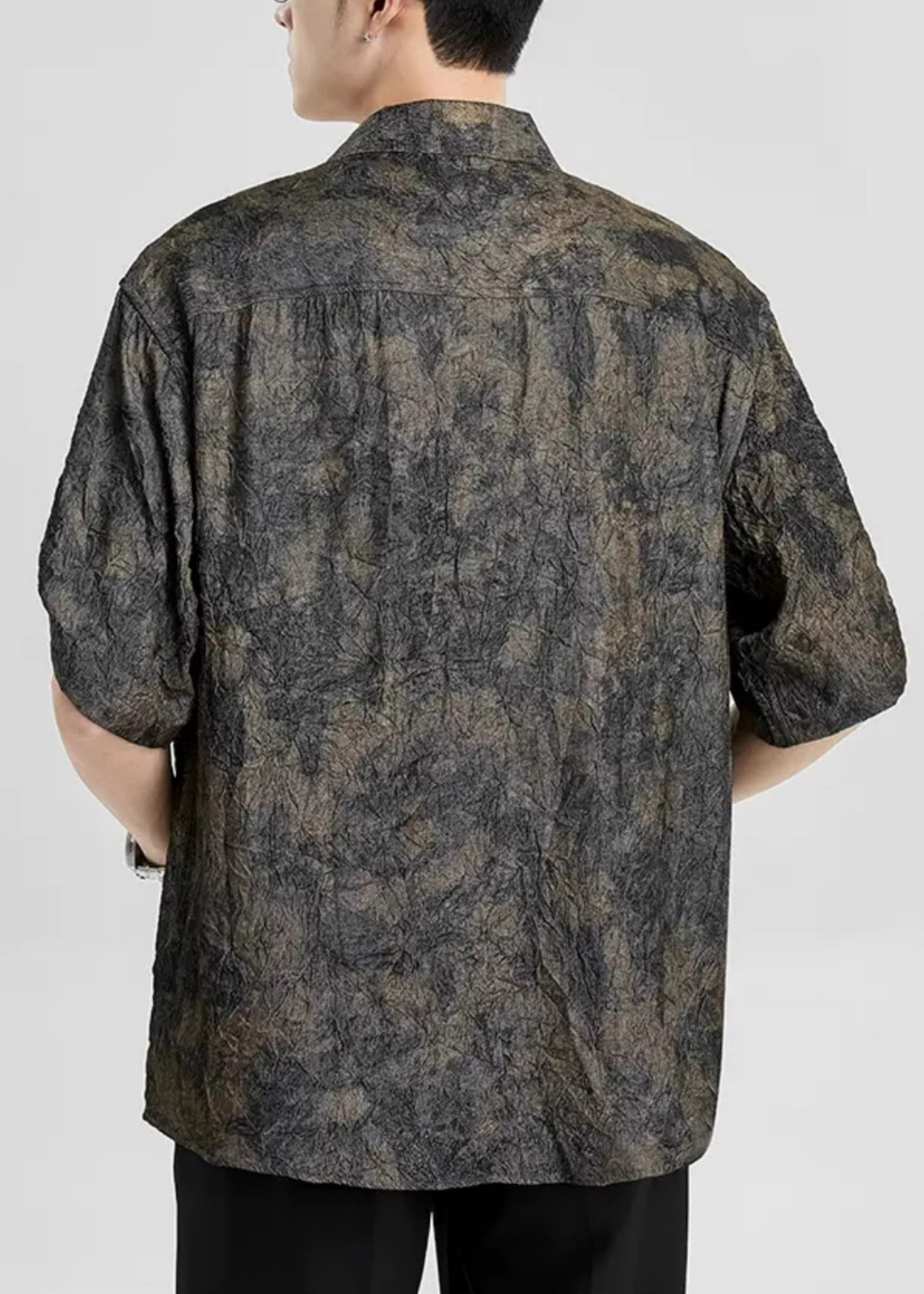 Camisas elegantes de seda con cuello Peter Pan y botones estampados para hombre, de media manga