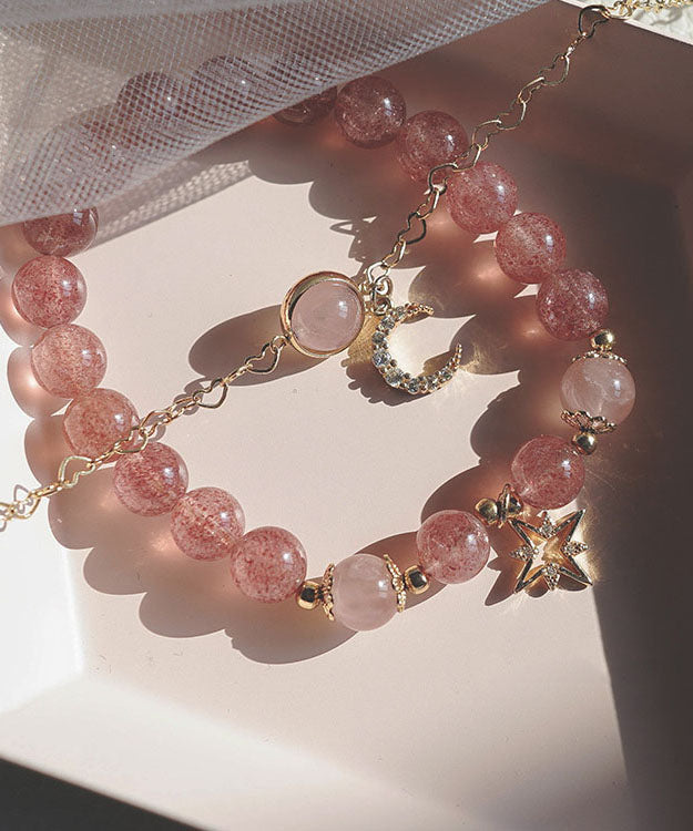 Schickes rosa 14 Karat Gold Erdbeere Kristall Zirkon Stern Mond Armband