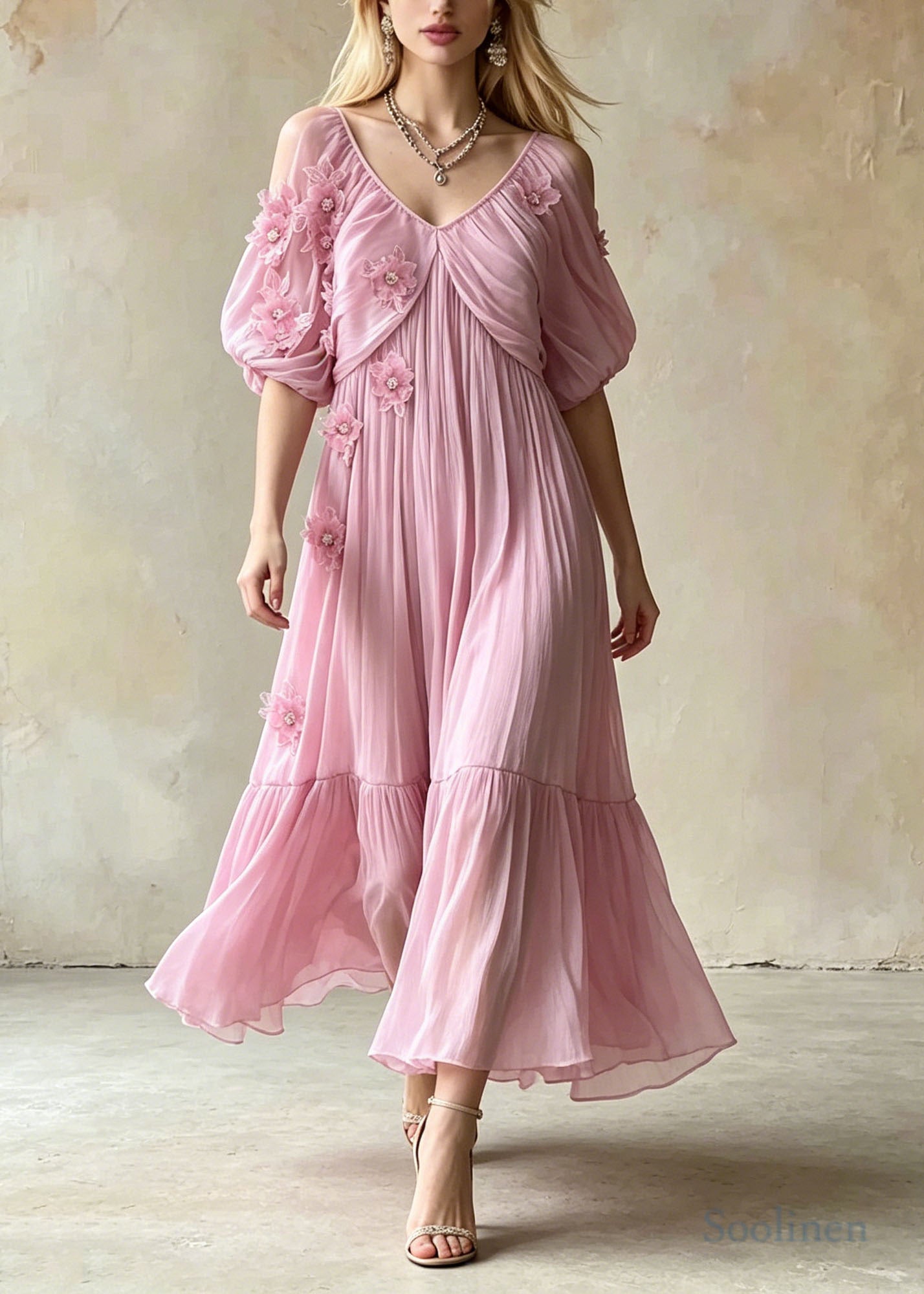 Chic Pink Embroidered Floral Chiffon Ankle Dress Summer