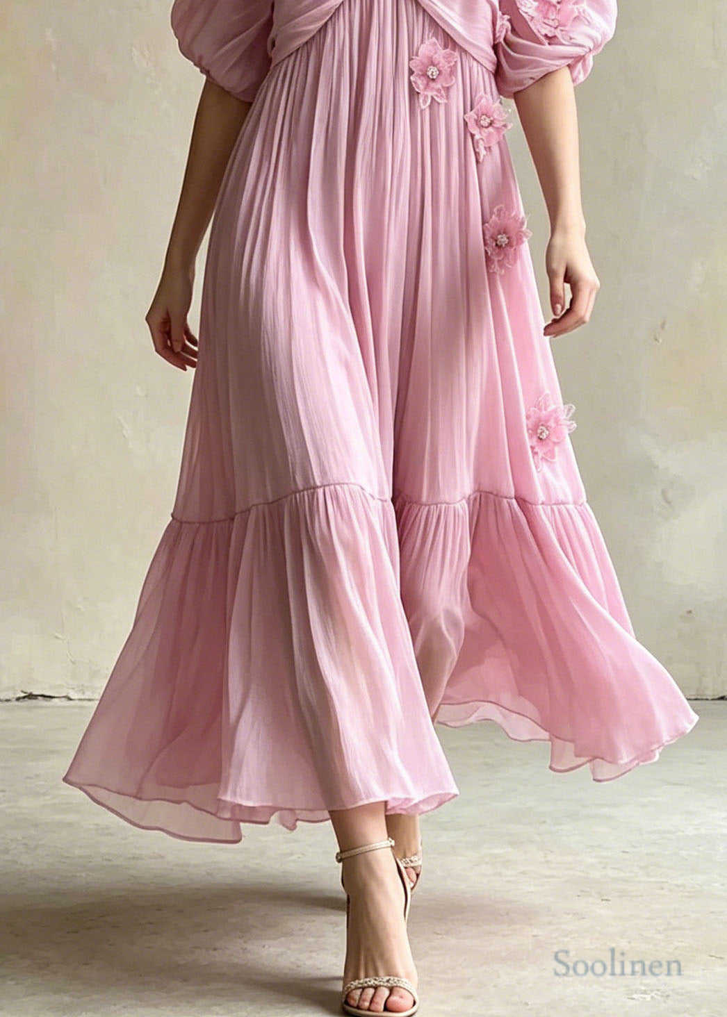 Chic Pink Embroidered Floral Chiffon Ankle Dress Summer