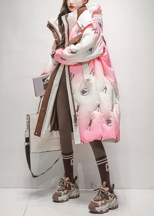 Chic Pink Gradient Color Hooded Zippered Duck Down Long Coats Winter