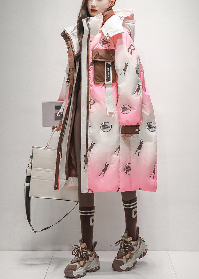 Chic Pink Gradient Color Hooded Zippered Duck Down Long Coats Winter