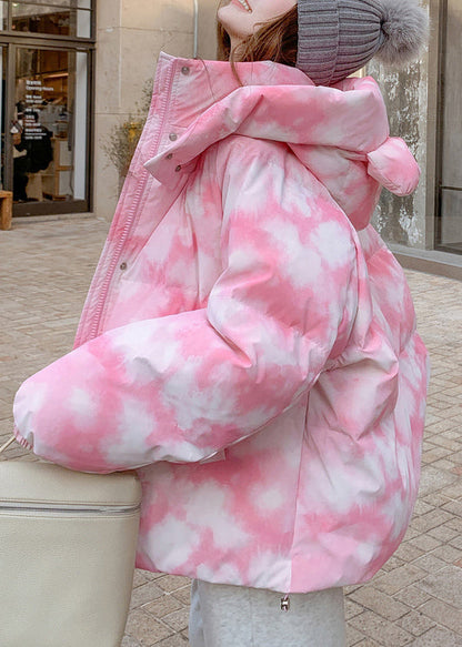 Chic Pink Hooded Tie Dye Fine Cotton Filled Jackets Winter