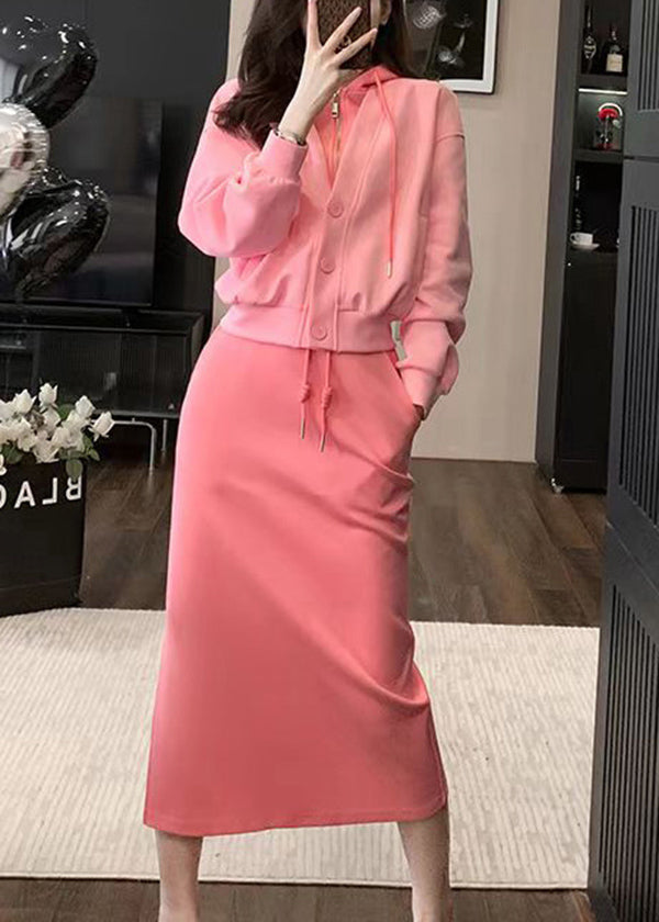 Schickes zweiteiliges Set aus Baumwolloberteil und Rock in Rosa mit Kapuze, Frühlingsform