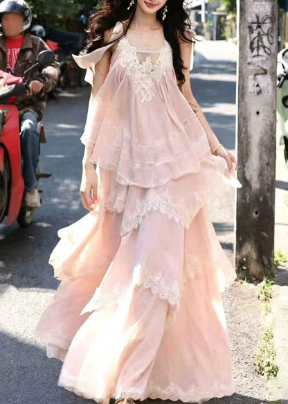 Chic Pink Layered Patchwork Lace Two Pieces Set Sleeveless