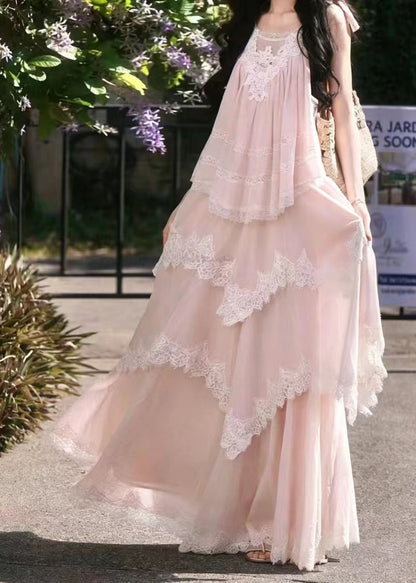 Chic Pink Layered Patchwork Lace Two Pieces Set Sleeveless