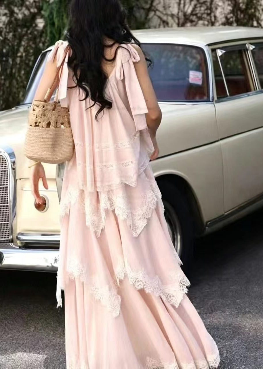 Chic Pink Layered Patchwork Lace Two Pieces Set Sleeveless