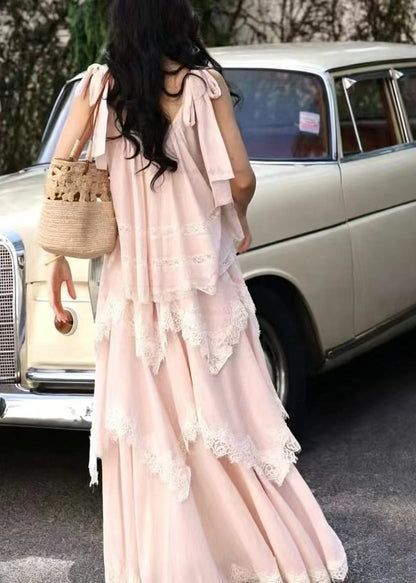 Chic Pink Layered Patchwork Lace Two Pieces Set Sleeveless