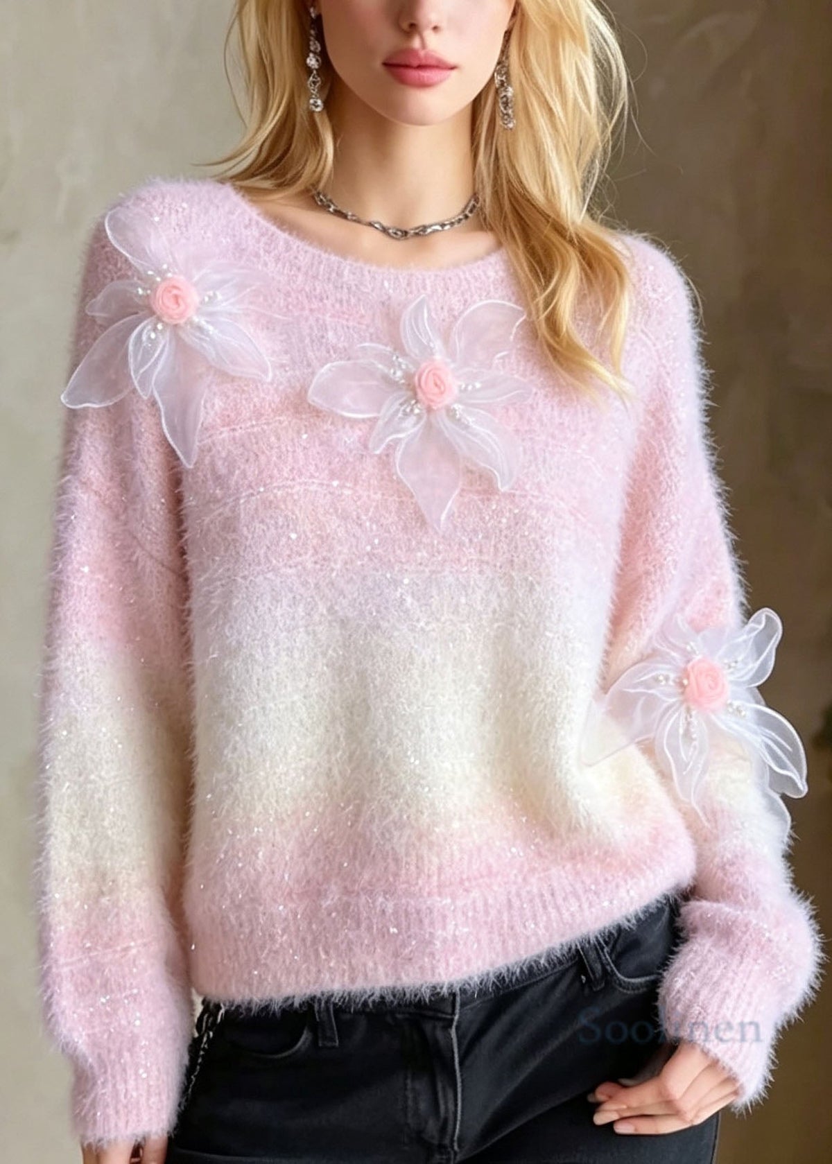Chic Pink O Neck Floral Nail Bead Knit Sweaters top Fall