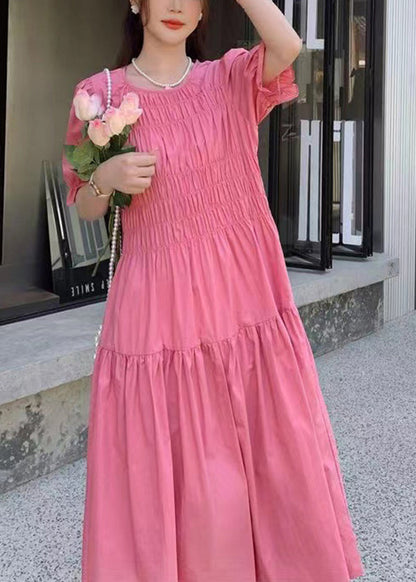 Schickes rosa langes Baumwollkleid mit Rundhalsausschnitt und Puffärmeln