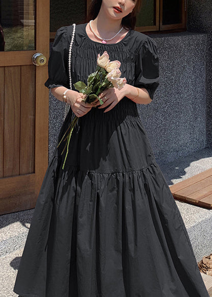 Schickes rosa langes Baumwollkleid mit Rundhalsausschnitt und Puffärmeln