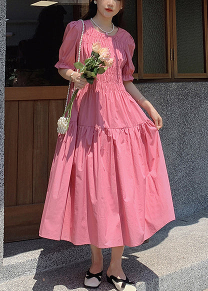 Schickes rosa langes Baumwollkleid mit Rundhalsausschnitt und Puffärmeln