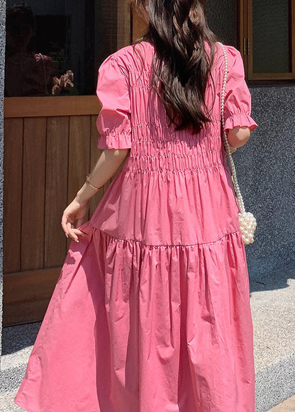 Schickes rosa langes Baumwollkleid mit Rundhalsausschnitt und Puffärmeln