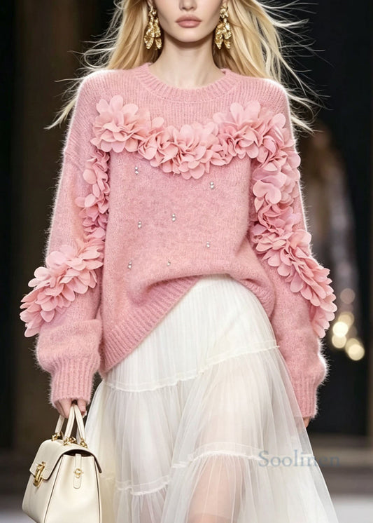 Chic Pink O Neck Thick Floral Zircon Knit Pullover Fall