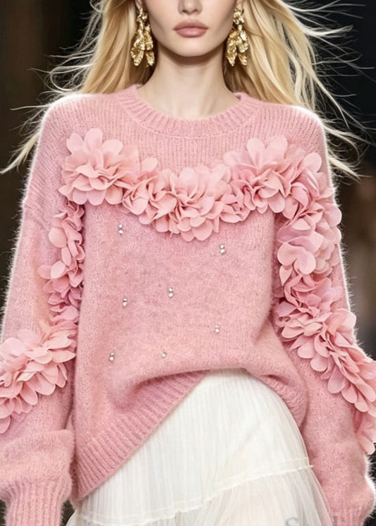 Chic Pink O Neck Thick Floral Zircon Knit Pullover Fall