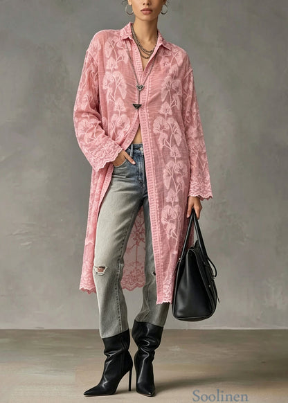 Chic Pink Peter Pan Collar Embroidered Lace Shirt Tops Long Sleeve