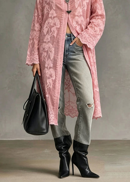 Chic Pink Peter Pan Collar Embroidered Lace Shirt Tops Long Sleeve
