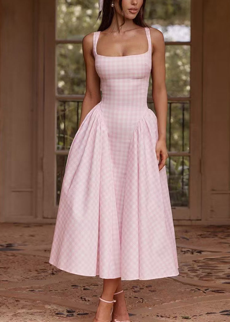 Chic Pink Plaid Wrinkled Cotton Cami Dresses Summer