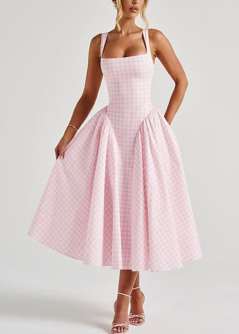 Chic Pink Plaid Wrinkled Cotton Cami Dresses Summer