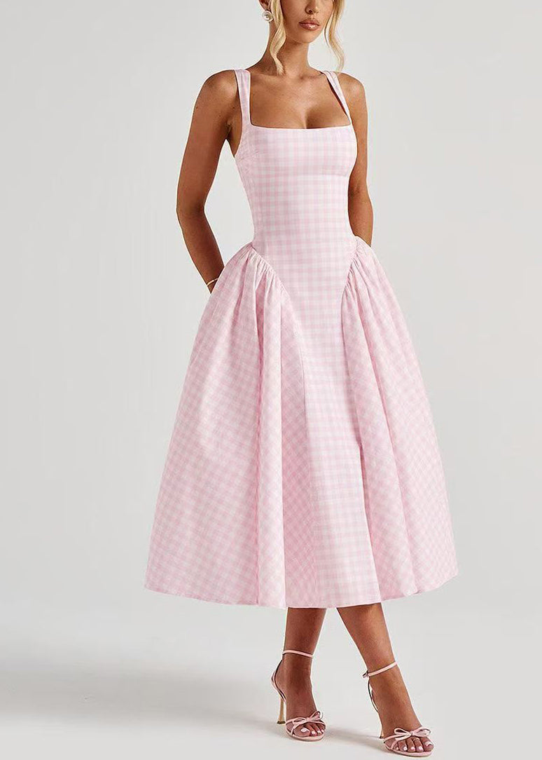 Chic Pink Plaid Wrinkled Cotton Cami Dresses Summer
