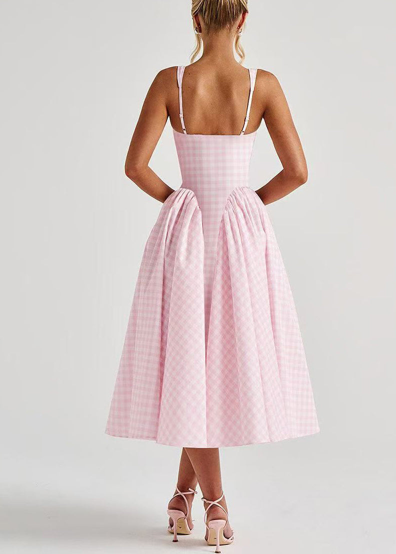 Chic Pink Plaid Wrinkled Cotton Cami Dresses Summer