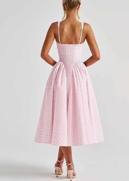 Chic Pink Plaid Wrinkled Cotton Cami Dresses Summer