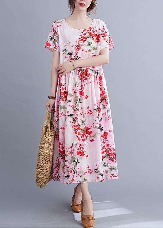 Chic Pink Print Cotton Pockets Summer Dress - SooLinen