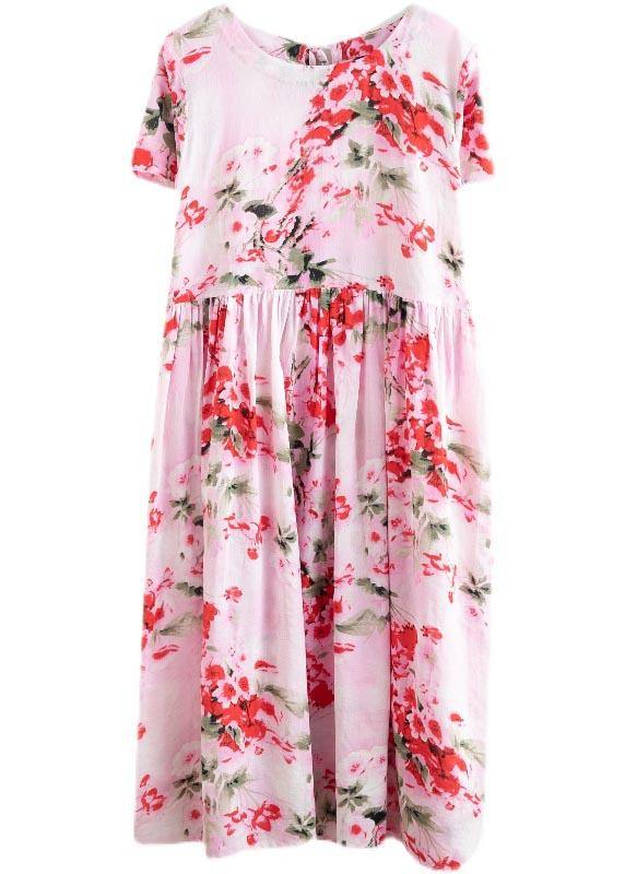 Chic Pink Print Cotton Pockets Summer Dress - SooLinen