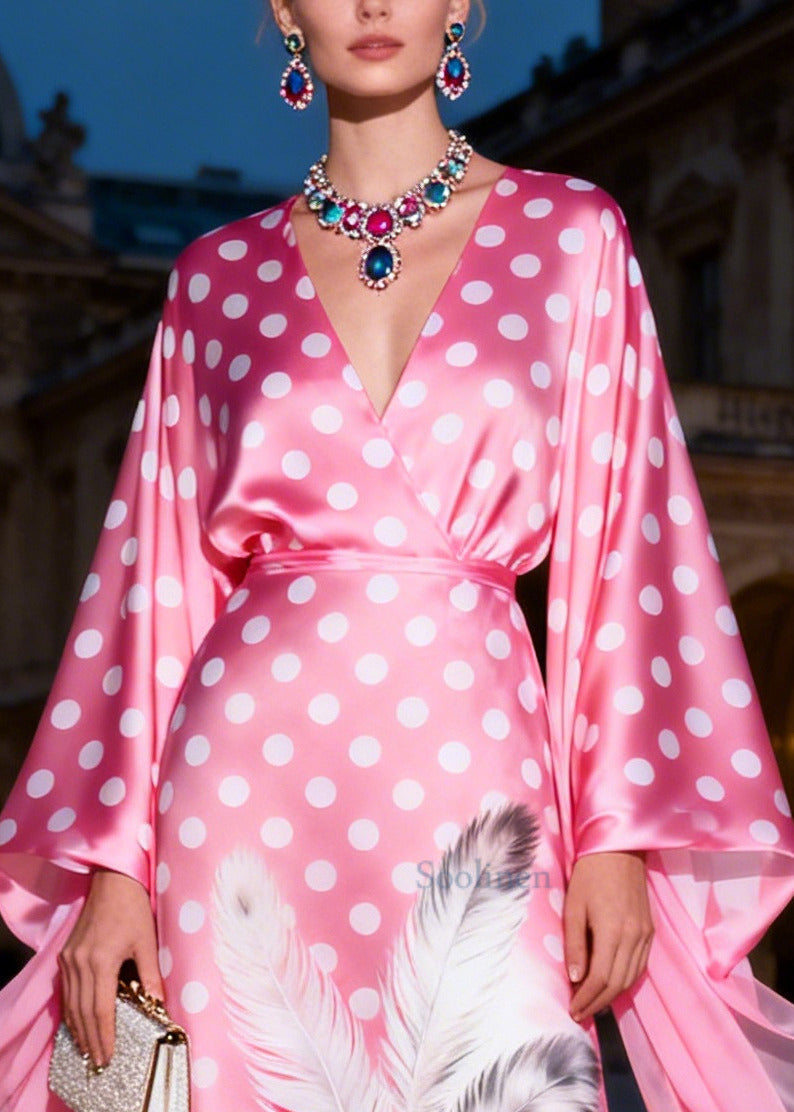 Chic Pink Print Low High Design Silk Maxi Dresses Summer