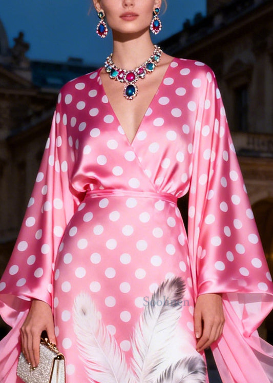 Chic Pink Print Low High Design Silk Maxi Dresses Summer