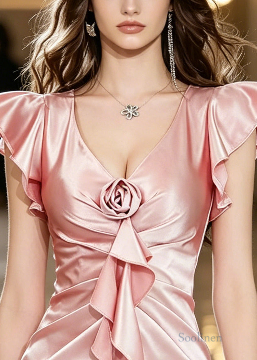 Chic Pink Ruffled Floral Silk Day Dress Summer