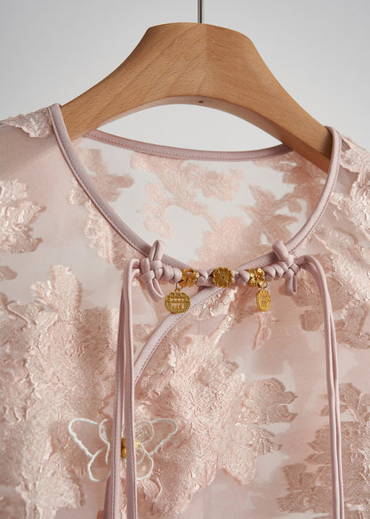 Chaleco elegante de seda jacquard con volantes en rosa sin mangas