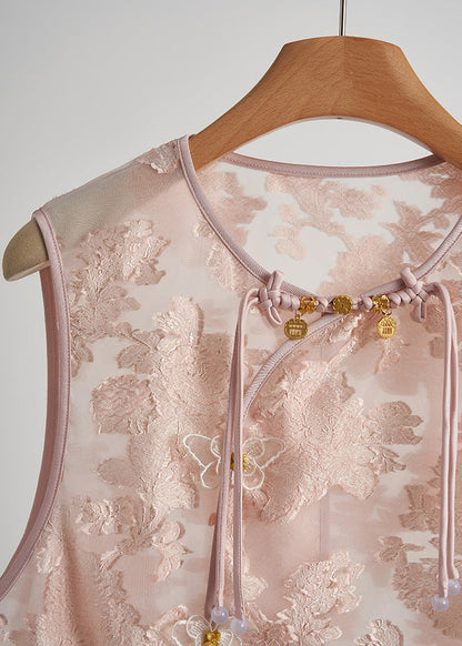 Chaleco elegante de seda jacquard con volantes en rosa sin mangas