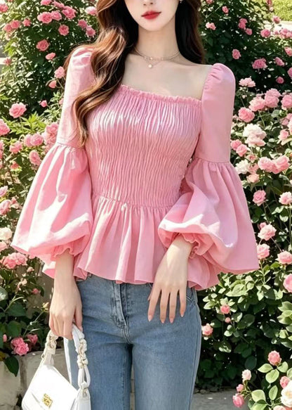 Chic Pink Square Collar Wrinkled Shirt Tops Flare Sleeve