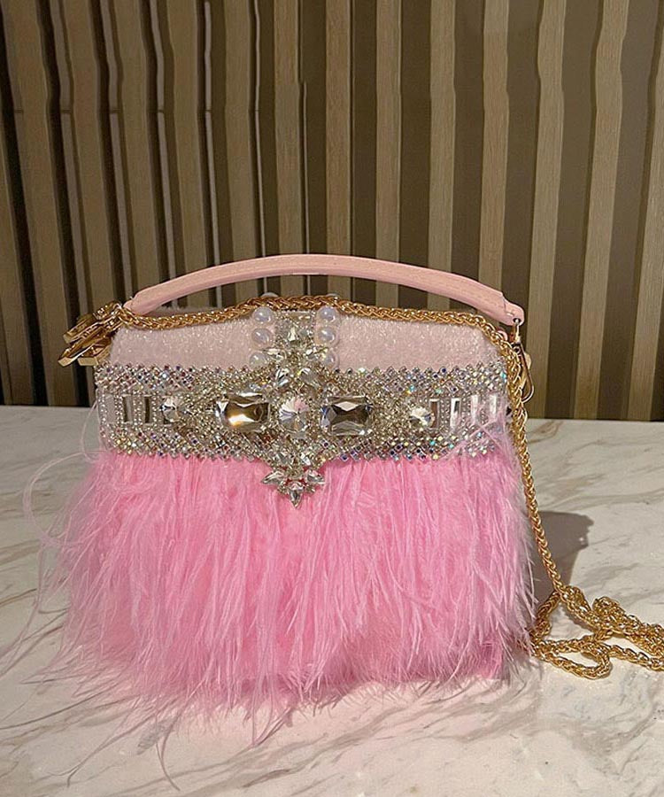 Chic Pink Tassel Zircon Nail Bead Banquet Tote Handbag