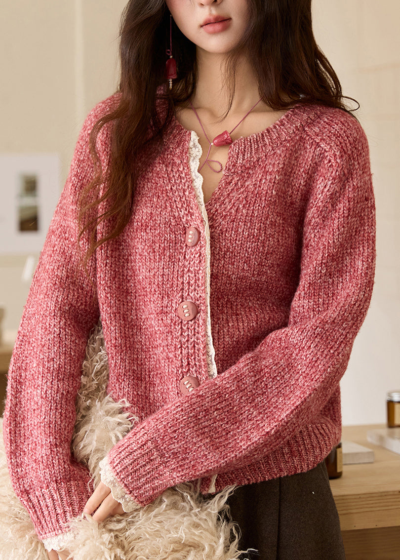 Suéteres de punto de algodón acogedores con cuello en V y patchwork en color rosa chic para primavera