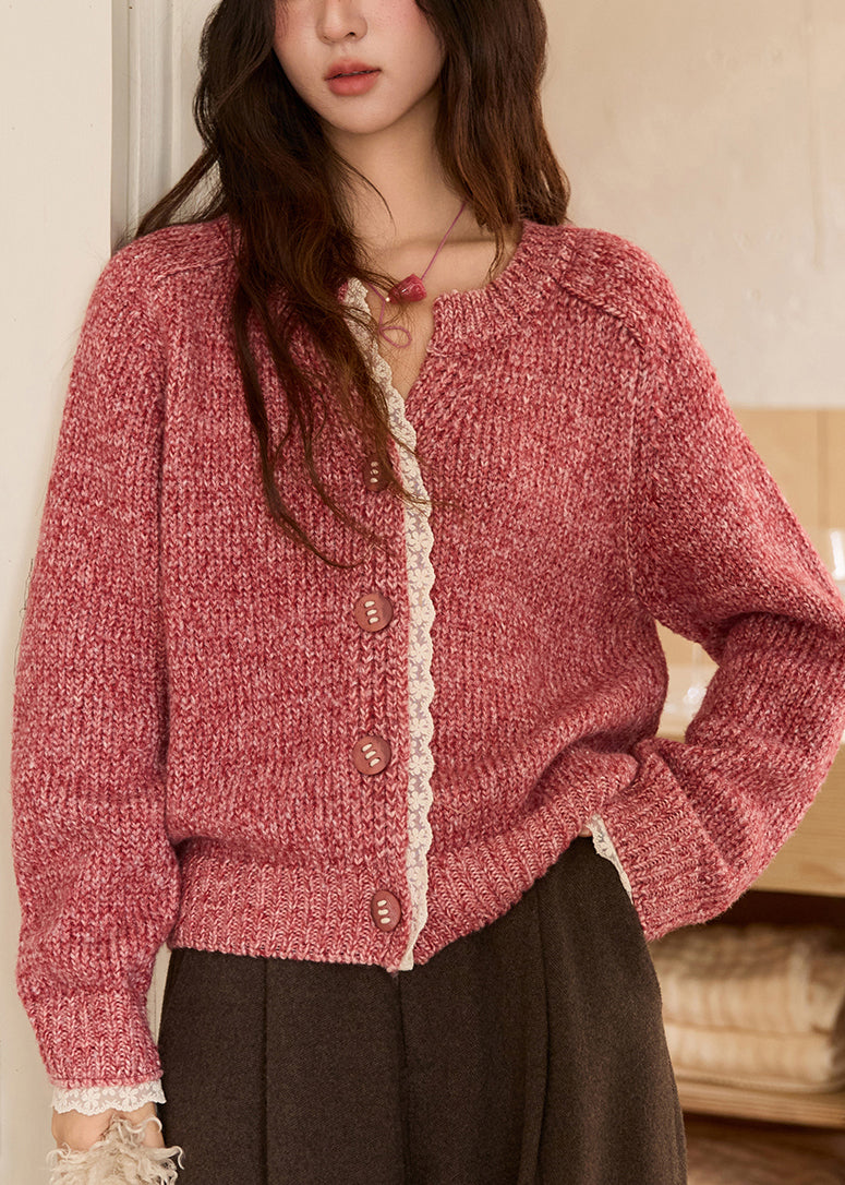 Suéteres de punto de algodón acogedores con cuello en V y patchwork en color rosa chic para primavera