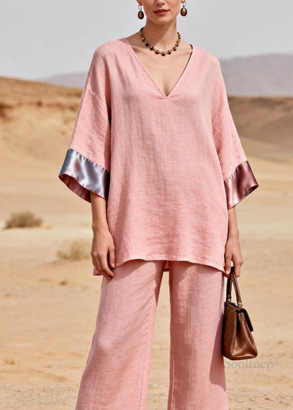 Chic Pink V Neck Patchwork Linen Silk Two Piece Set Summer