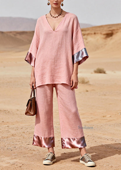 Chic Pink V Neck Patchwork Linen Silk Two Piece Set Summer